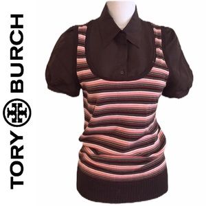 Tory Burch Orange Brown Striped Knit Sweater Vest Top Medium
